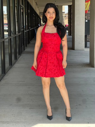 FLORAL JACQUARD KNIT SQUARE NECK LINE HALTER FIT & FLARE MINI DRESS