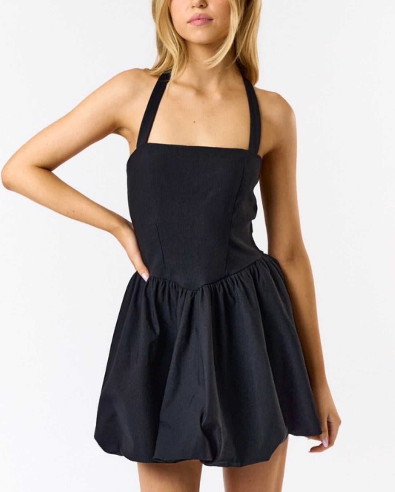 MINI HALTER BUBBLE HEM DRESS