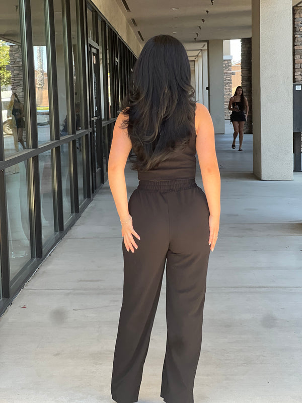 Scoop Neck Button Vest & Wide Leg Pants Set