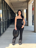 Strapless suede buckle top