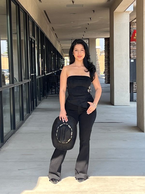 Strapless suede buckle top