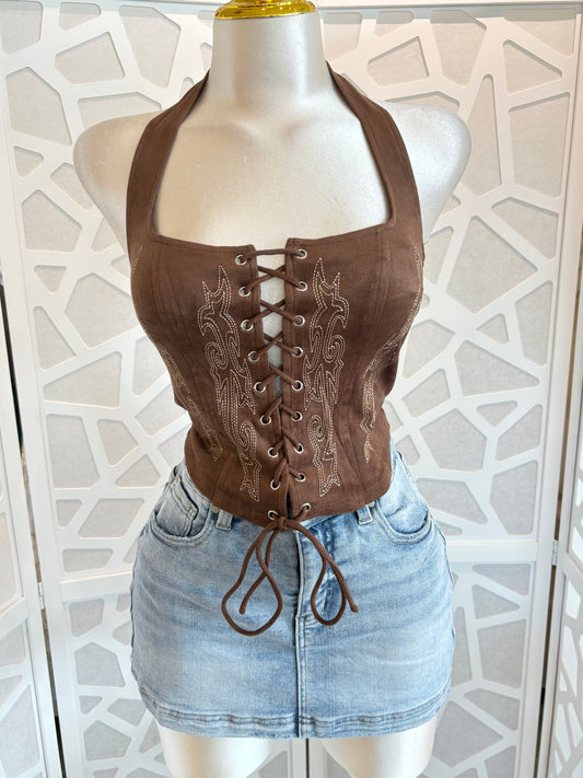Tie Front Suede Top With Stitch Detail
