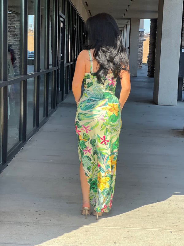 Tropical-Printed Cami V-Neck Slit Dress