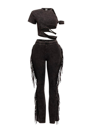 Cutout Washed Top With Fringe Washed Pant Set
