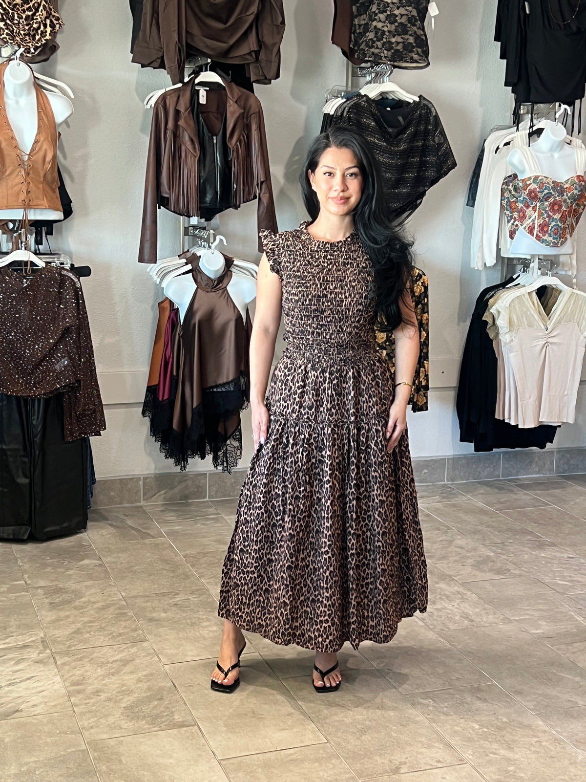 Leopard Sleeveless Smocked Tiered Midi Dress