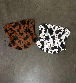 STRAPLESS COW PRINT SUEDE CORSET TOP