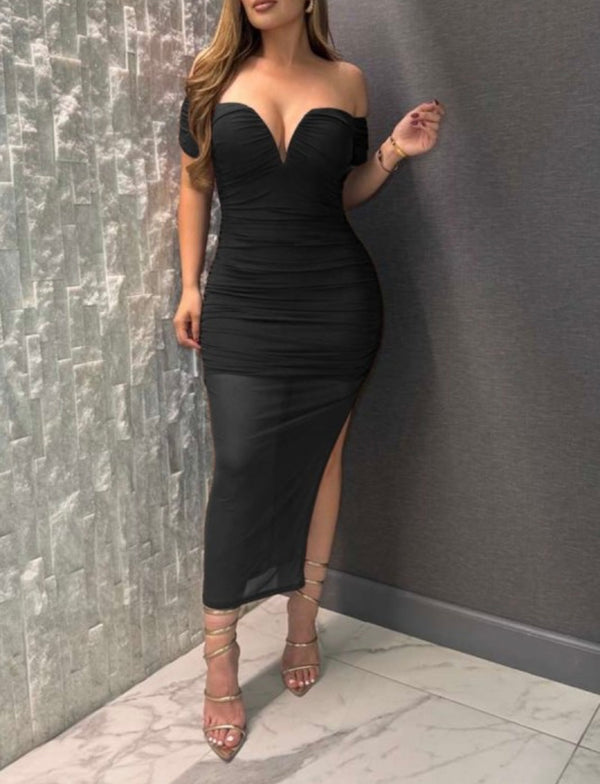 Midi off the shoulder mesh dress.