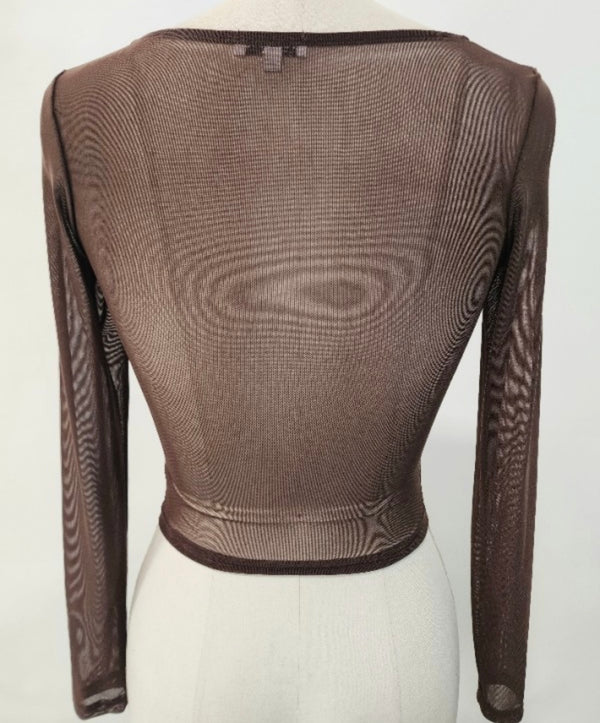 Mesh long sleeve drape front shirt