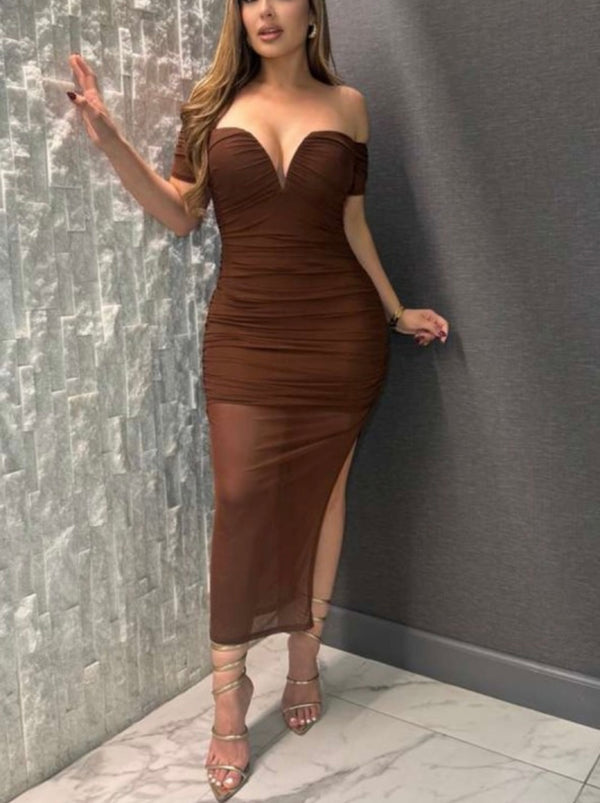 Midi off the shoulder mesh dress.