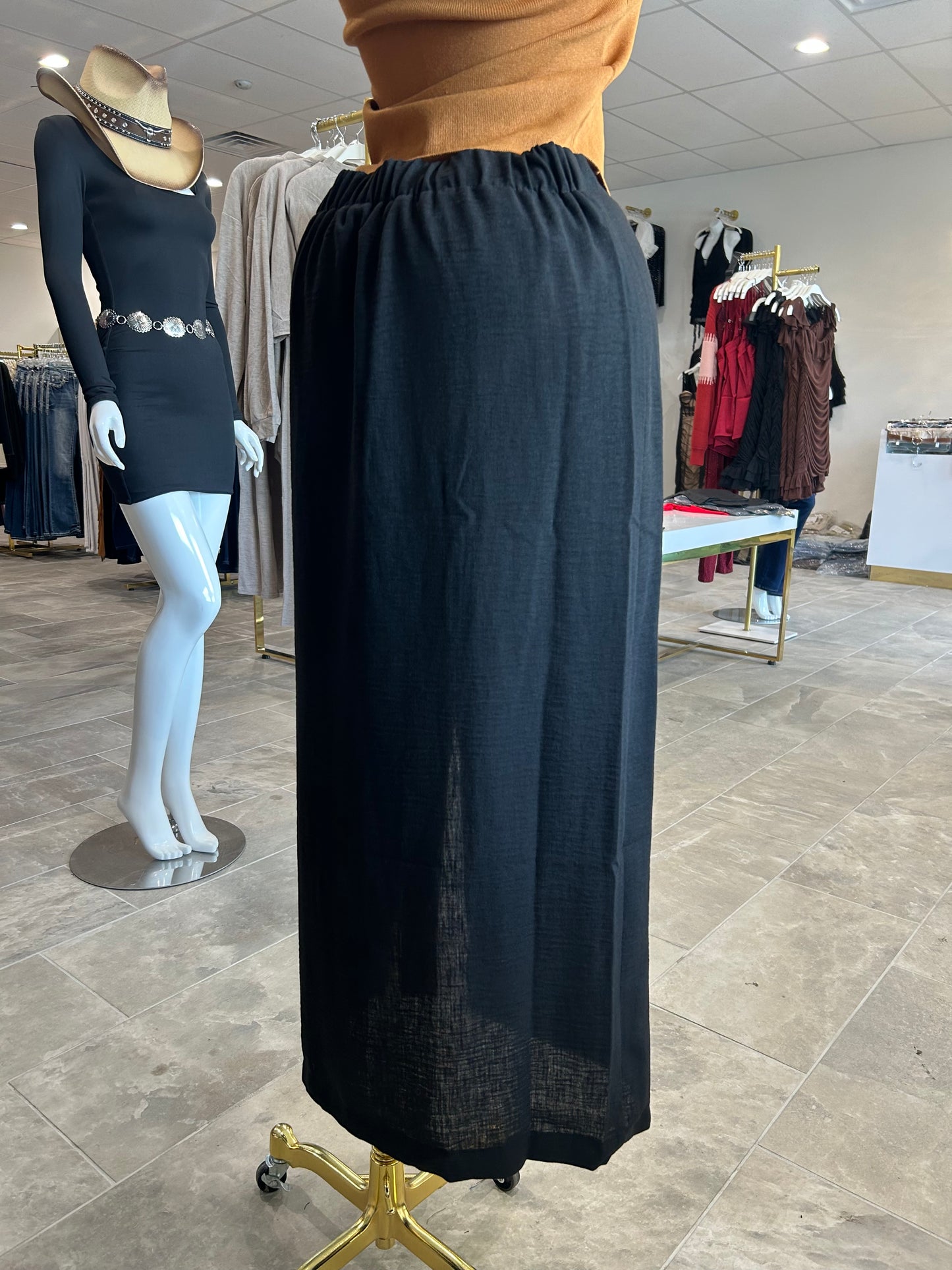 Front Slit Linen Effect Midi Skirt