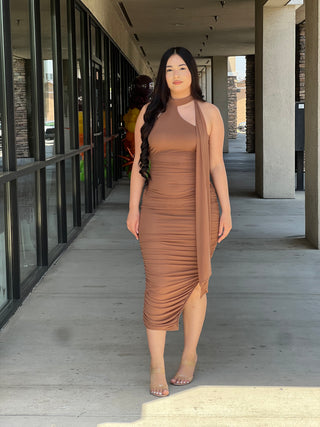 LUXE MESH ASYMMETRIC MOCK NECK WITH BACK DRAPED RUCHED BODYCON SLITTED MIDI DRESS