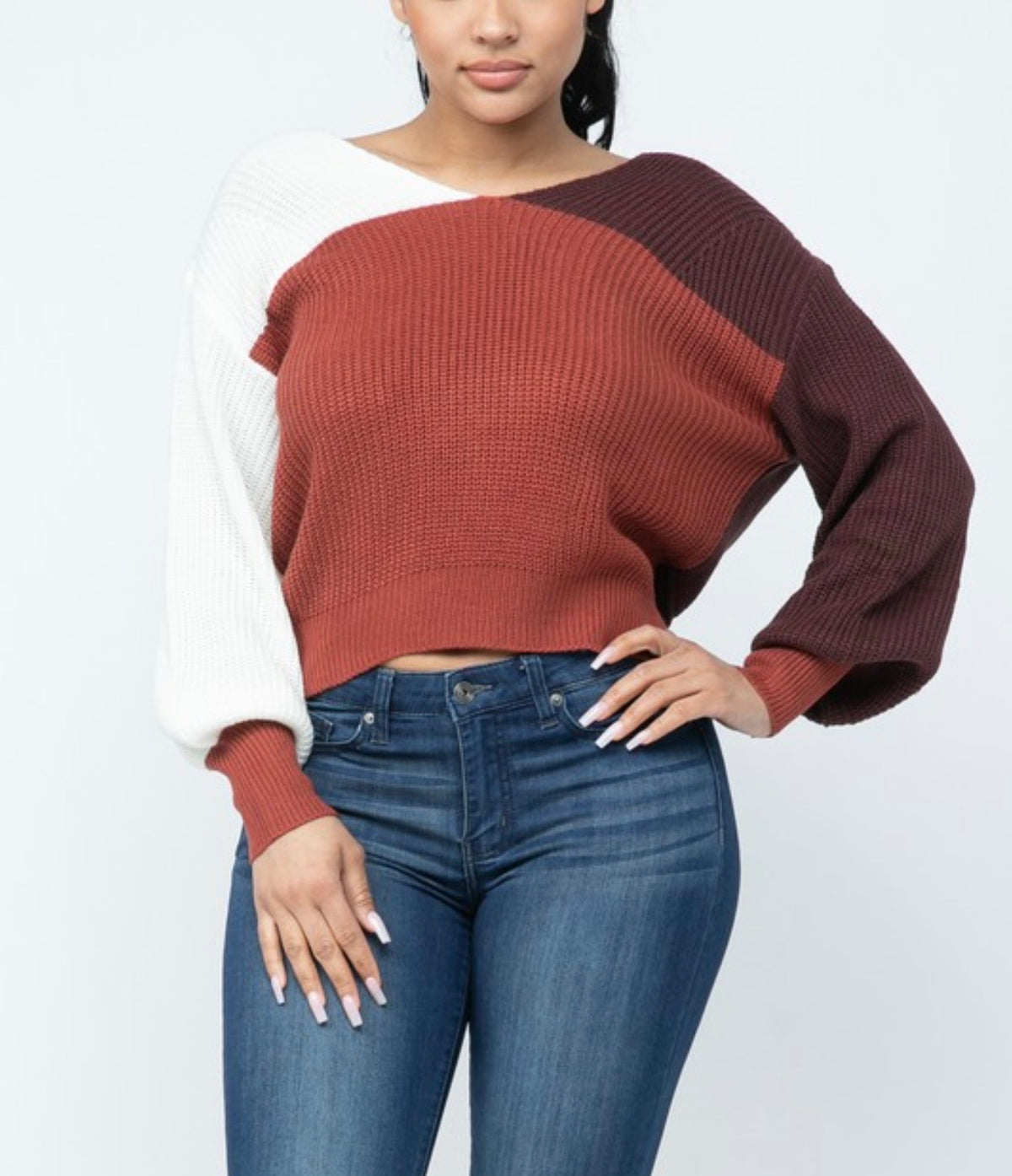 Color Block Twisted Open Back Loose Fit Sweater