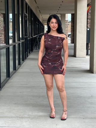 Off Shoulder Abstract Mesh Mini Dress