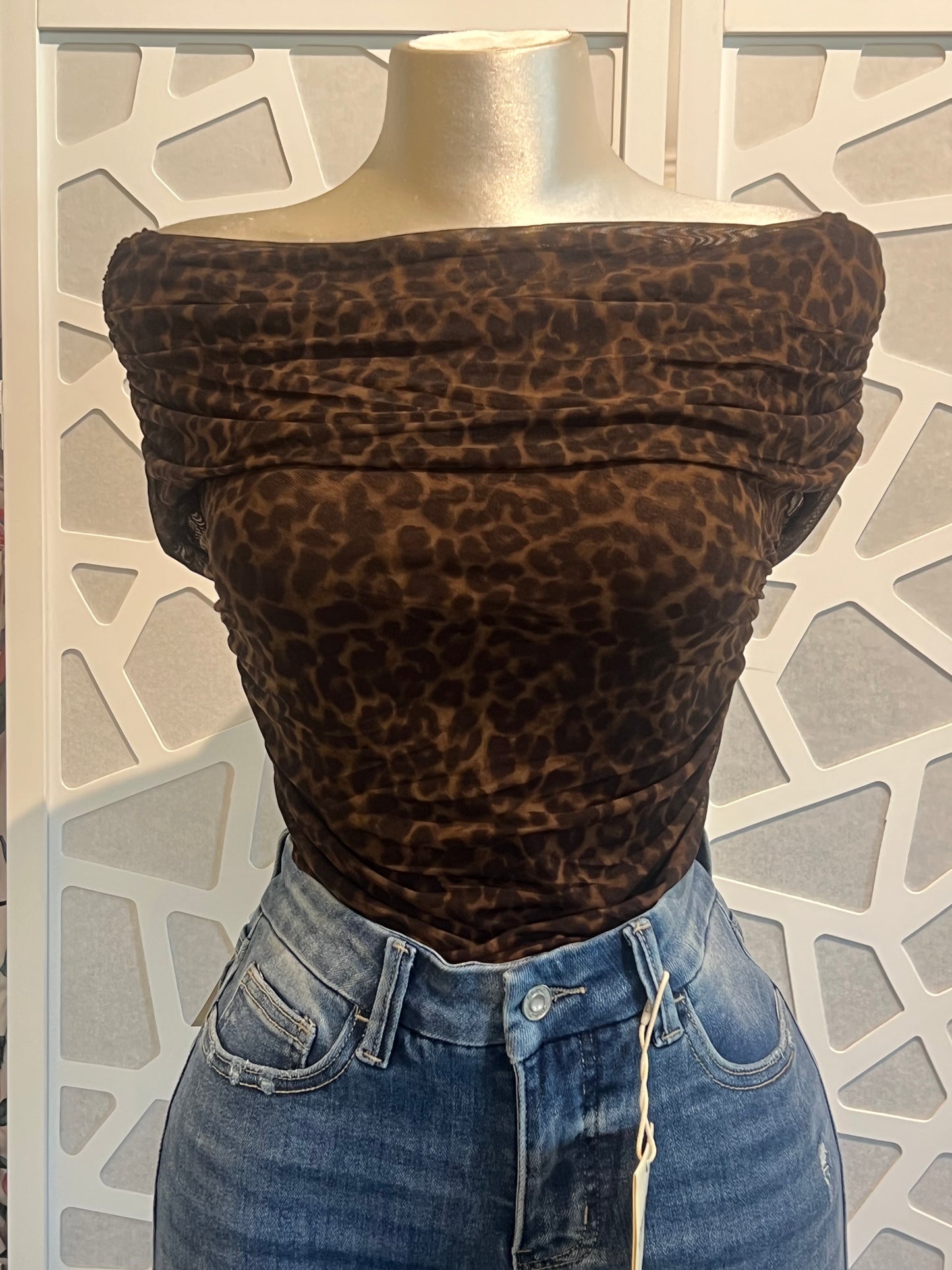 Cheetah off shoulder mesh top