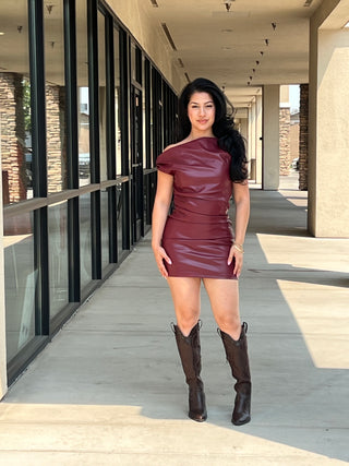 SLEEVELESS ASYMMESTRIC FAUX LEATHER MINI DRESS