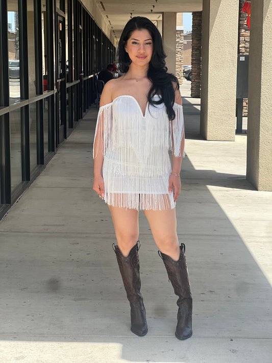 Báilame fringe off shoulder dress