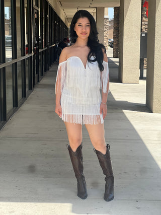 Báilame fringe off shoulder dress