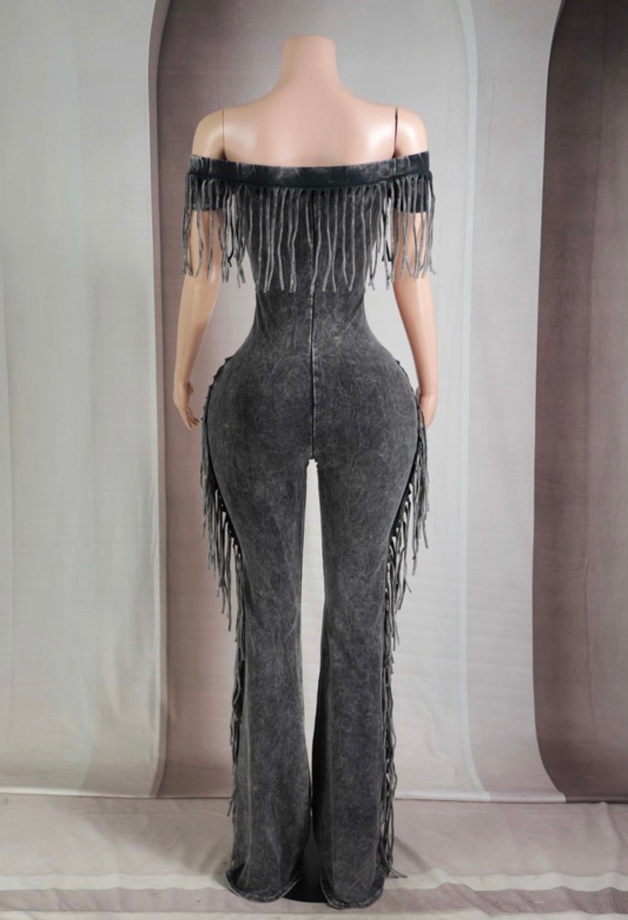 Mineral Wash Fringe Off Shoulder Jumpsuit