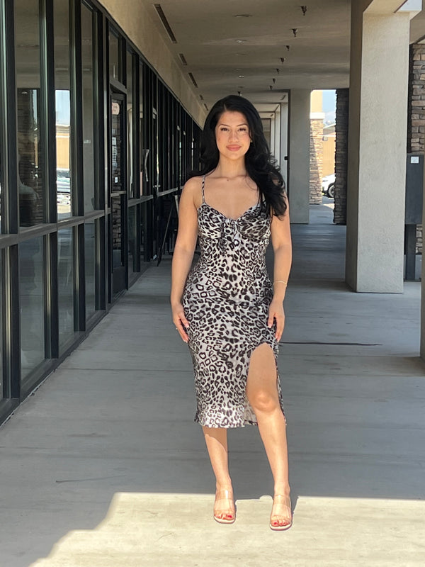 Leopard grey high slit dress