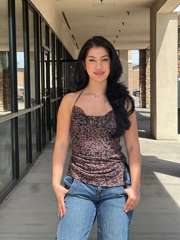 Leopard Print Mesh Cowl Lace Neck Halter Cami Top