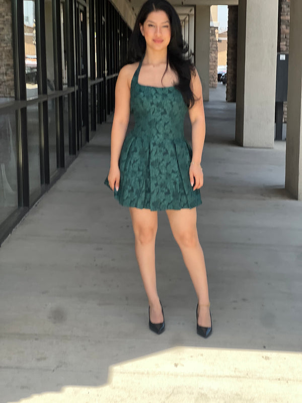 Floral Jacquard Knit Halter Fit & Flare Mini Dress