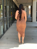LUXE MESH ASYMMETRIC MOCK NECK WITH BACK DRAPED RUCHED BODYCON SLITTED MIDI DRESS