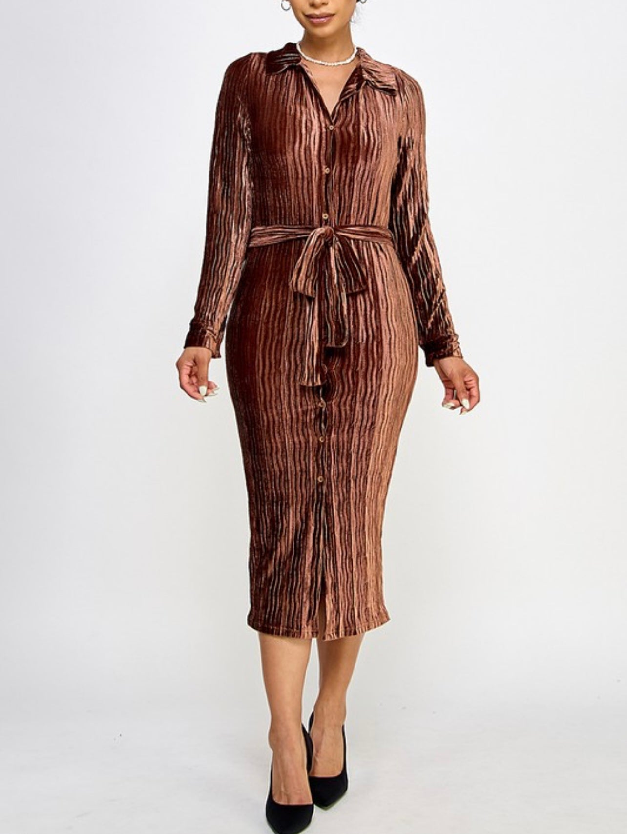 Velvet Pleated Button-down Shirt Dress