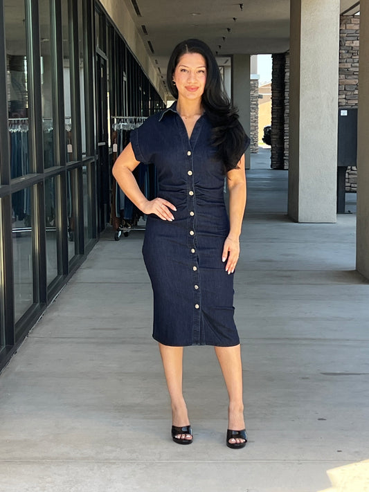 Denim ruched button down dress