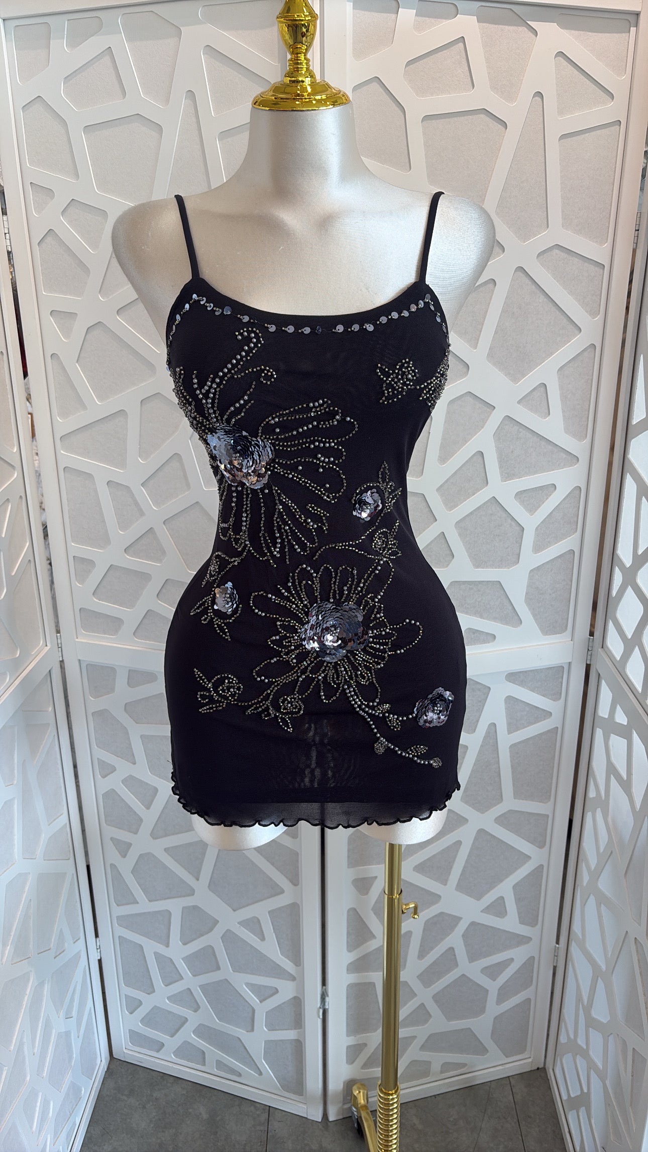 Sleeveless Beaded Mesh Mini Dress