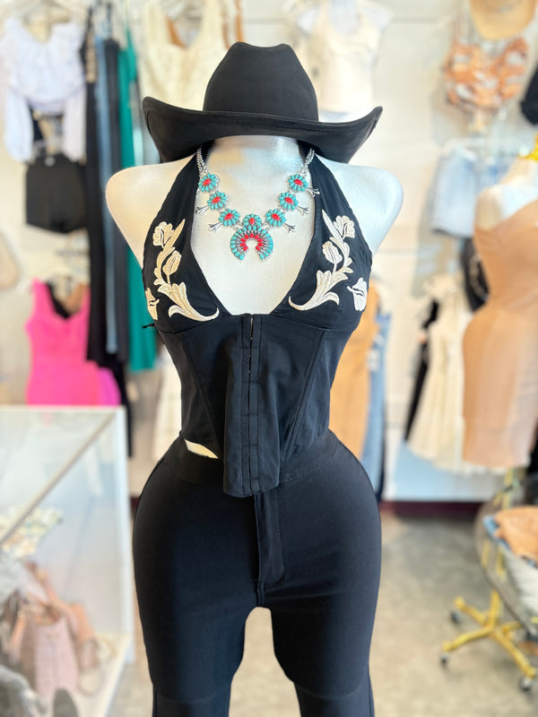 MAISIE Stretch Poplin Western Embroidered Halter Top