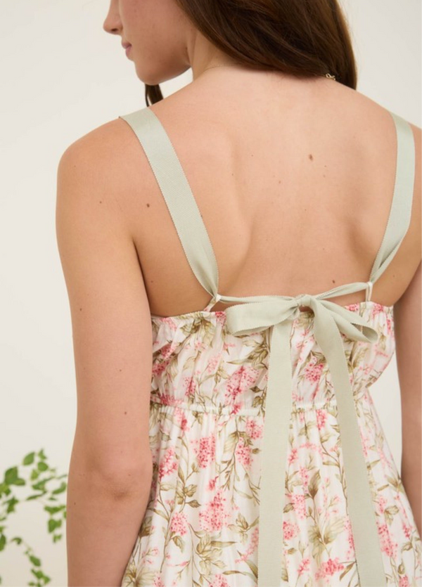 Floral Lace Trim Ribbon Strap Back Tie Midi Dress