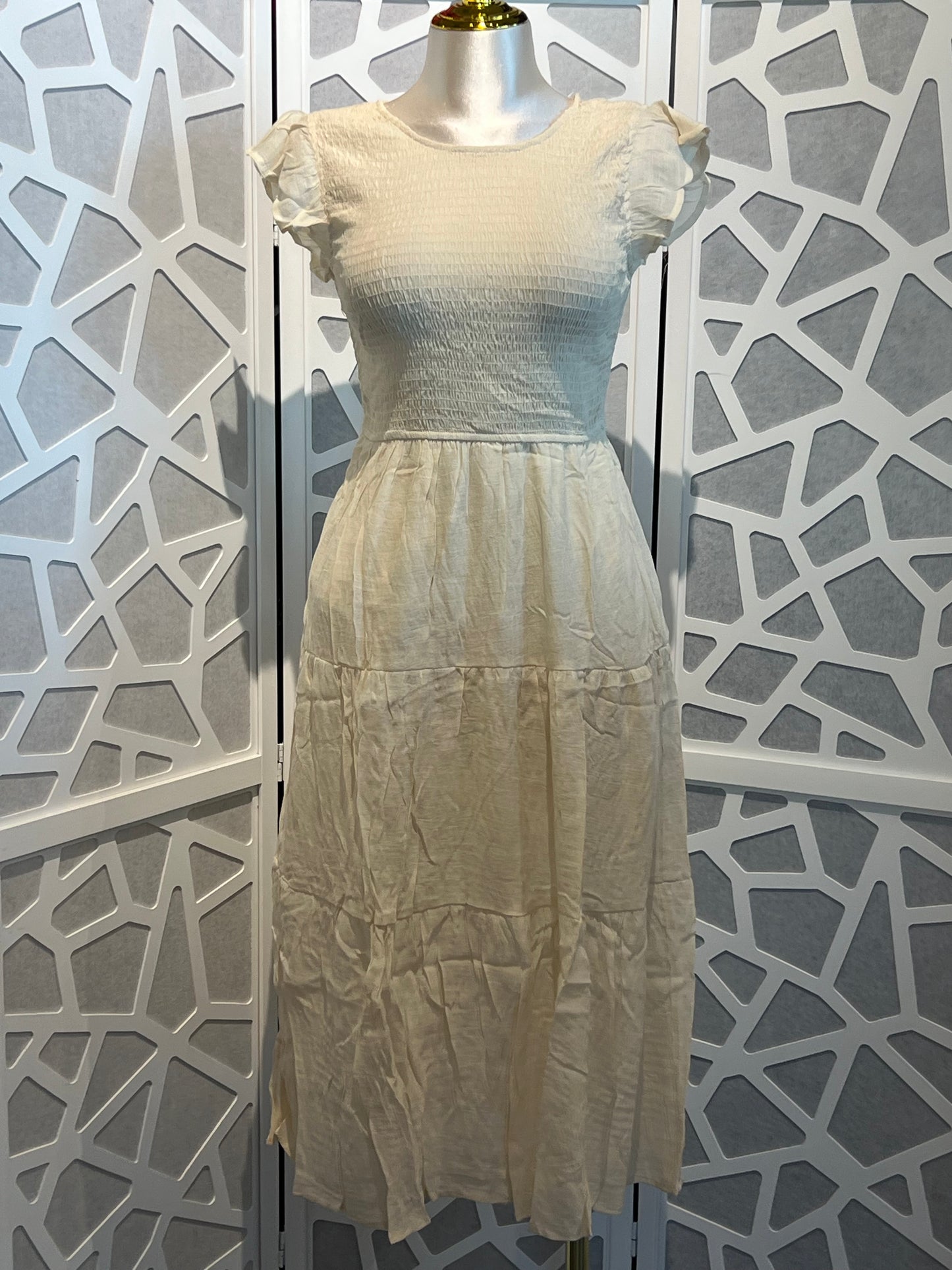 SMOCKED TIERED MIDI DRESS