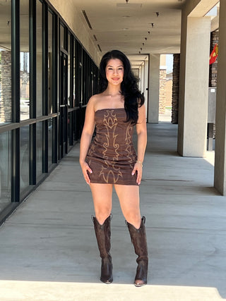 BROWN STRETCH SUEDE EMBROIDERED BOOT STITCH TIE UP BACK DRESS