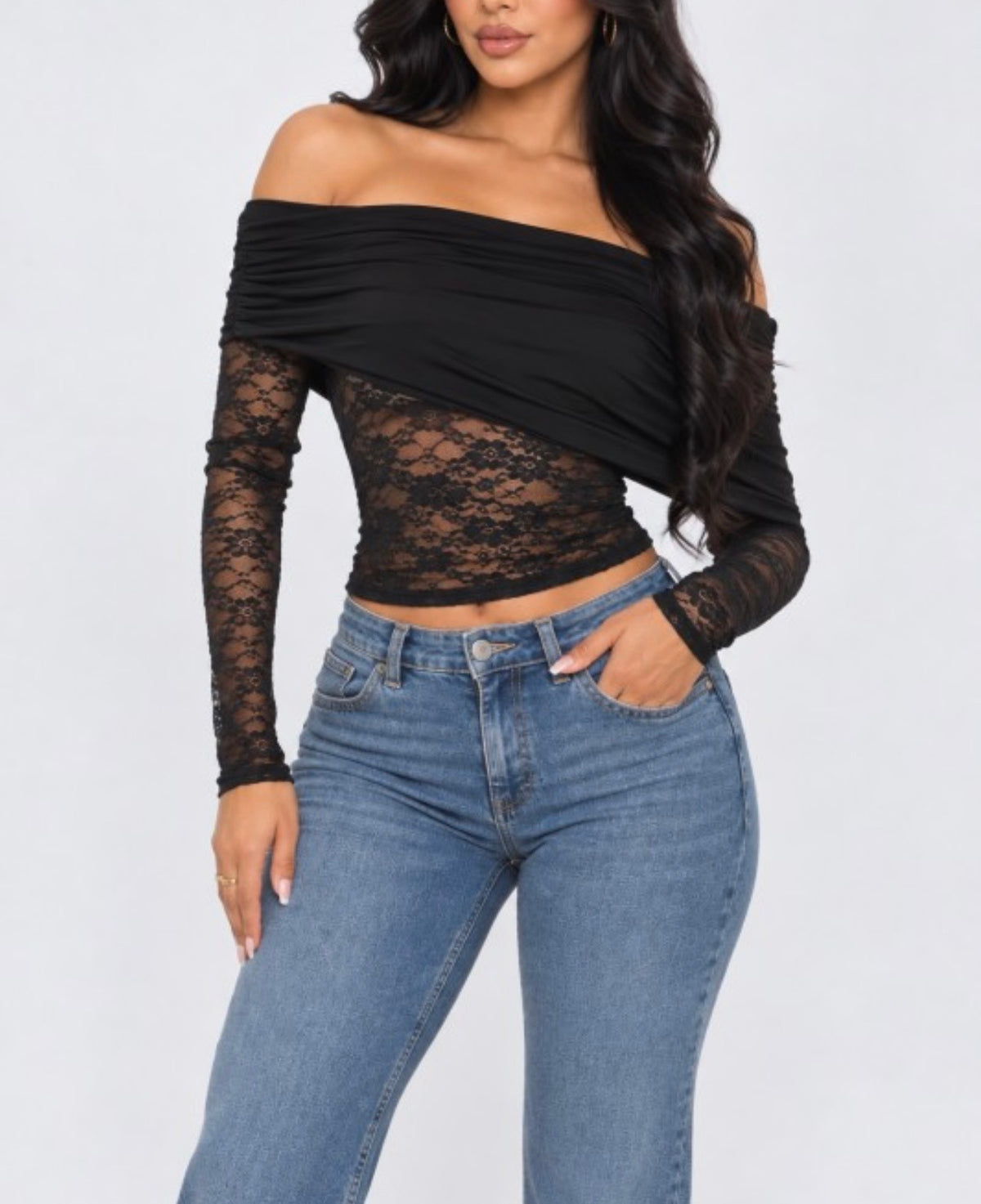 Off Shoulder Elastic Shirring Draped Fold Over Overlay Stretch
