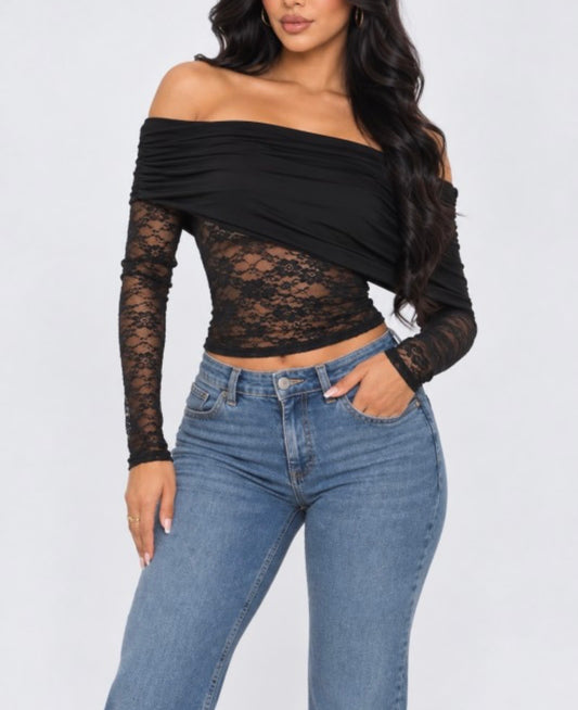 Off Shoulder Elastic Shirring Draped Fold Over Overlay Stretch