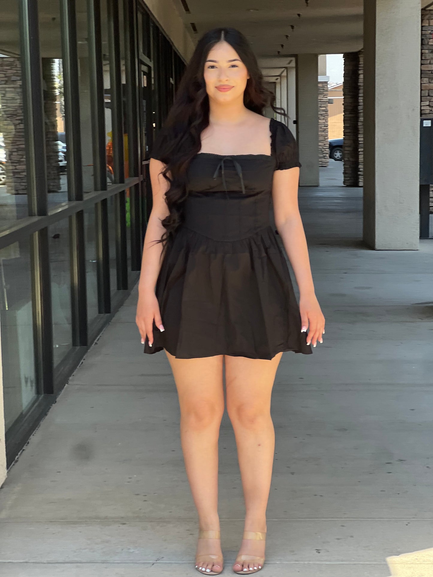 Puff sleeve front tie corset a line dress
