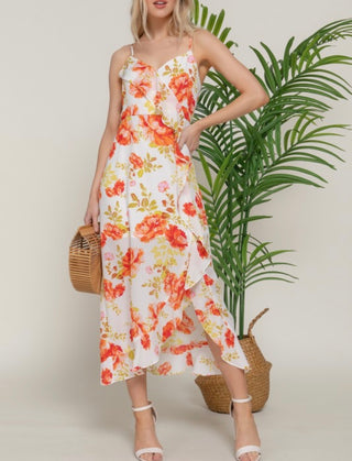 Floral Print Ruffle Slip Midi Dress