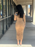 Show Off Mesh Mock Neck Ruched Midi
