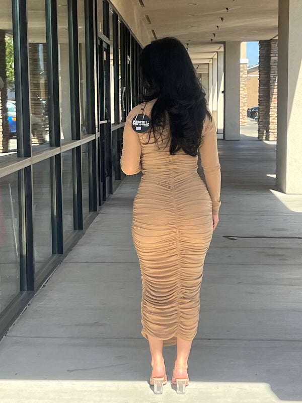 Show Off Mesh Mock Neck Ruched Midi