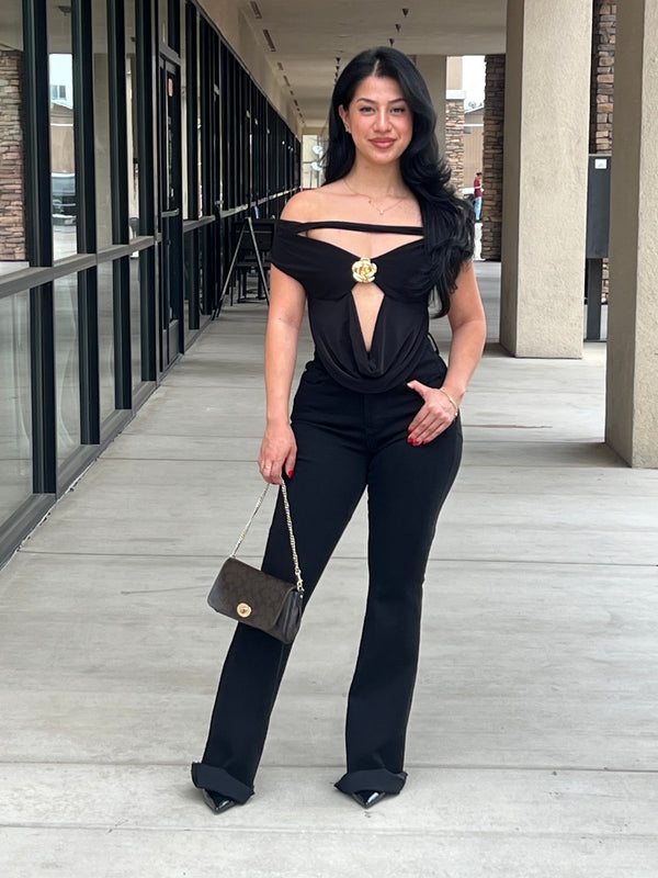 Off Shoulder Cowl Neck Open Back Top