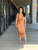 Deep Cowl Neck Side Shirring Midi Dress