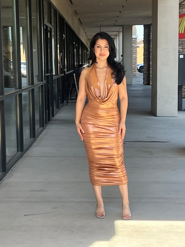 Deep Cowl Neck Side Shirring Midi Dress
