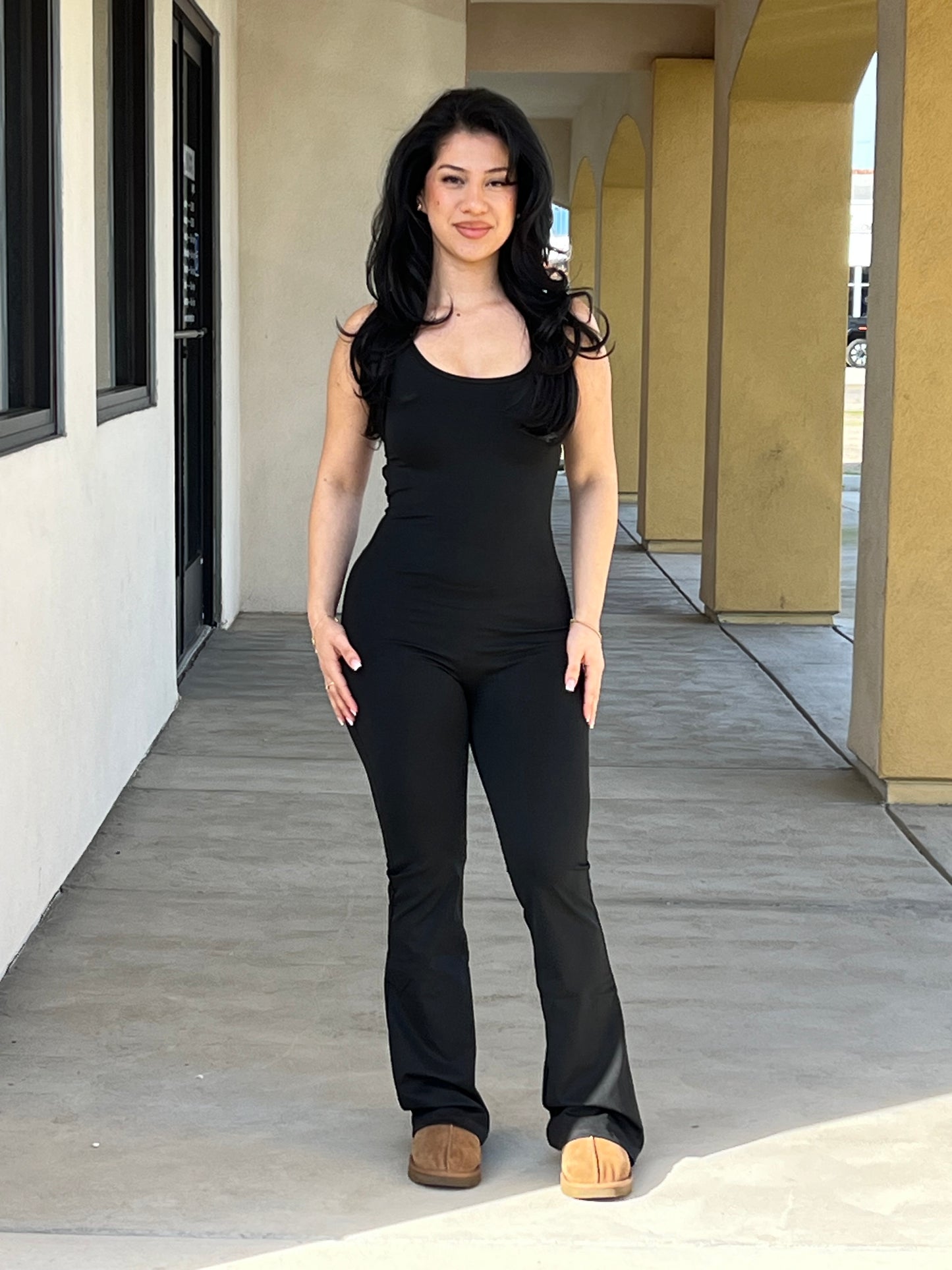 Open back scrunched back flare jumpsuit