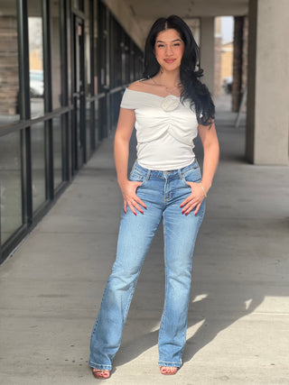 Mid Rise Bootcut Jean with Flap Back Pockets