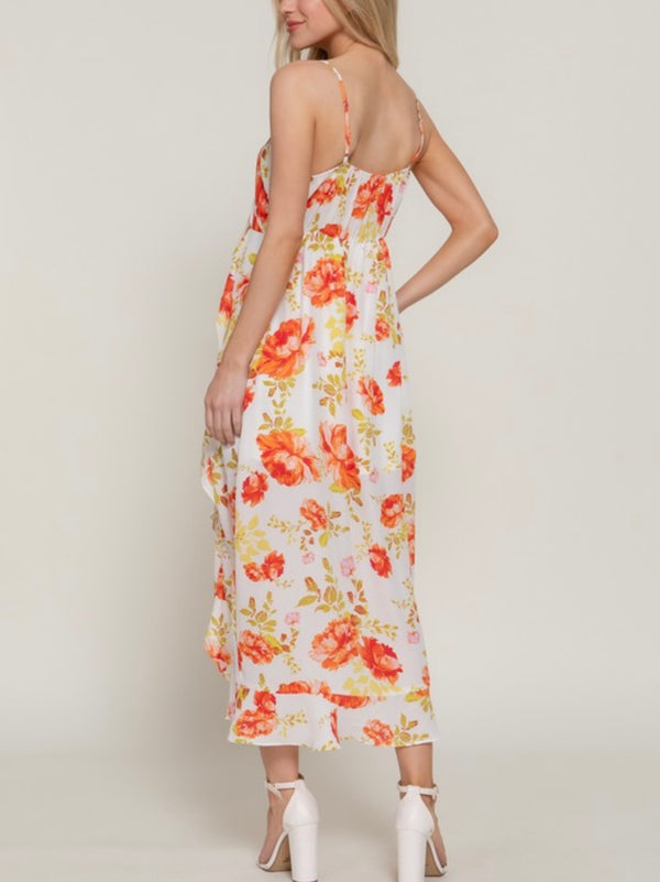 Floral Print Ruffle Slip Midi Dress