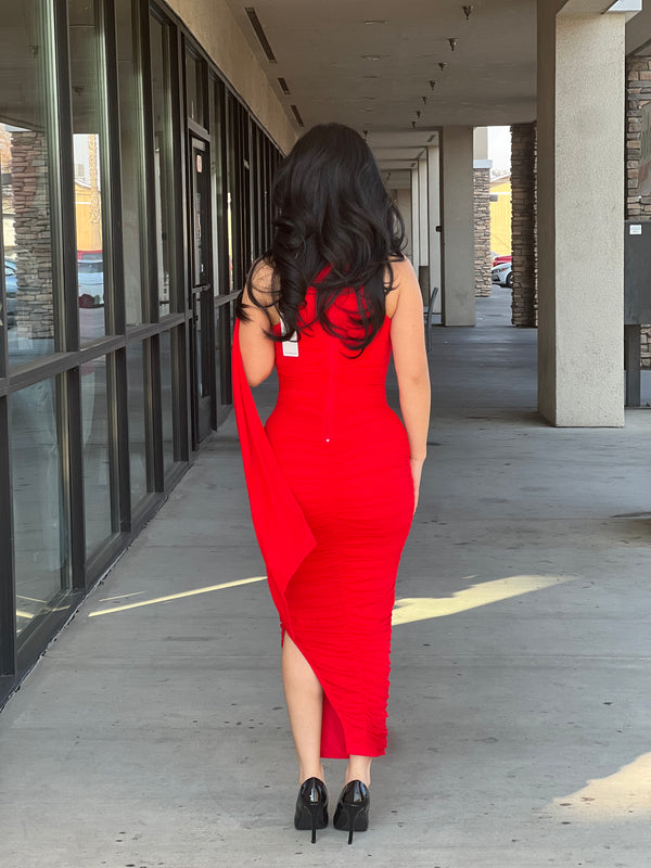 LUXE MESH ASYMMETRIC BACK DRAPED RUCHED
MIDI DRESS