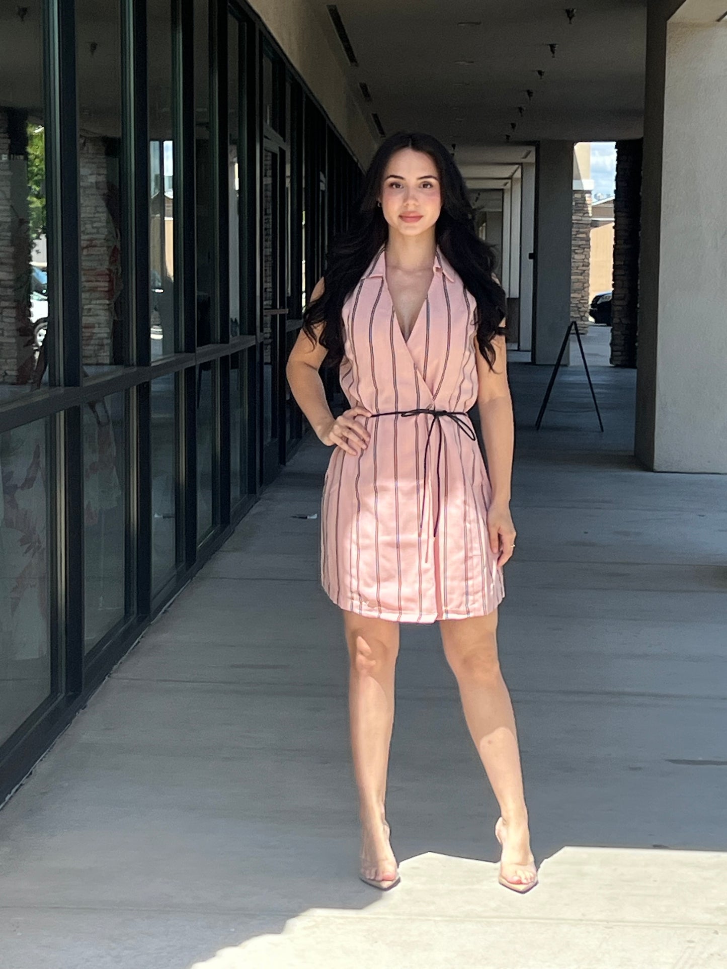 SLEEVELESS V NECKLINE WITH COLLAR & PU BELT DETAIL STRIPE PRINT LINEN DRESS