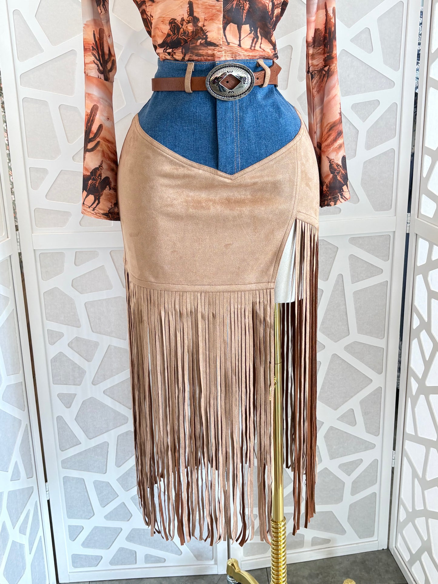 Fringe Detail Mixed Media Mini Skirt