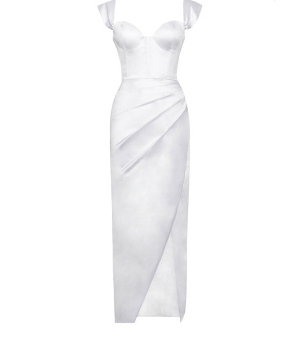 MISS CIRCLE Zarah White High Slit Corset Satin Dress