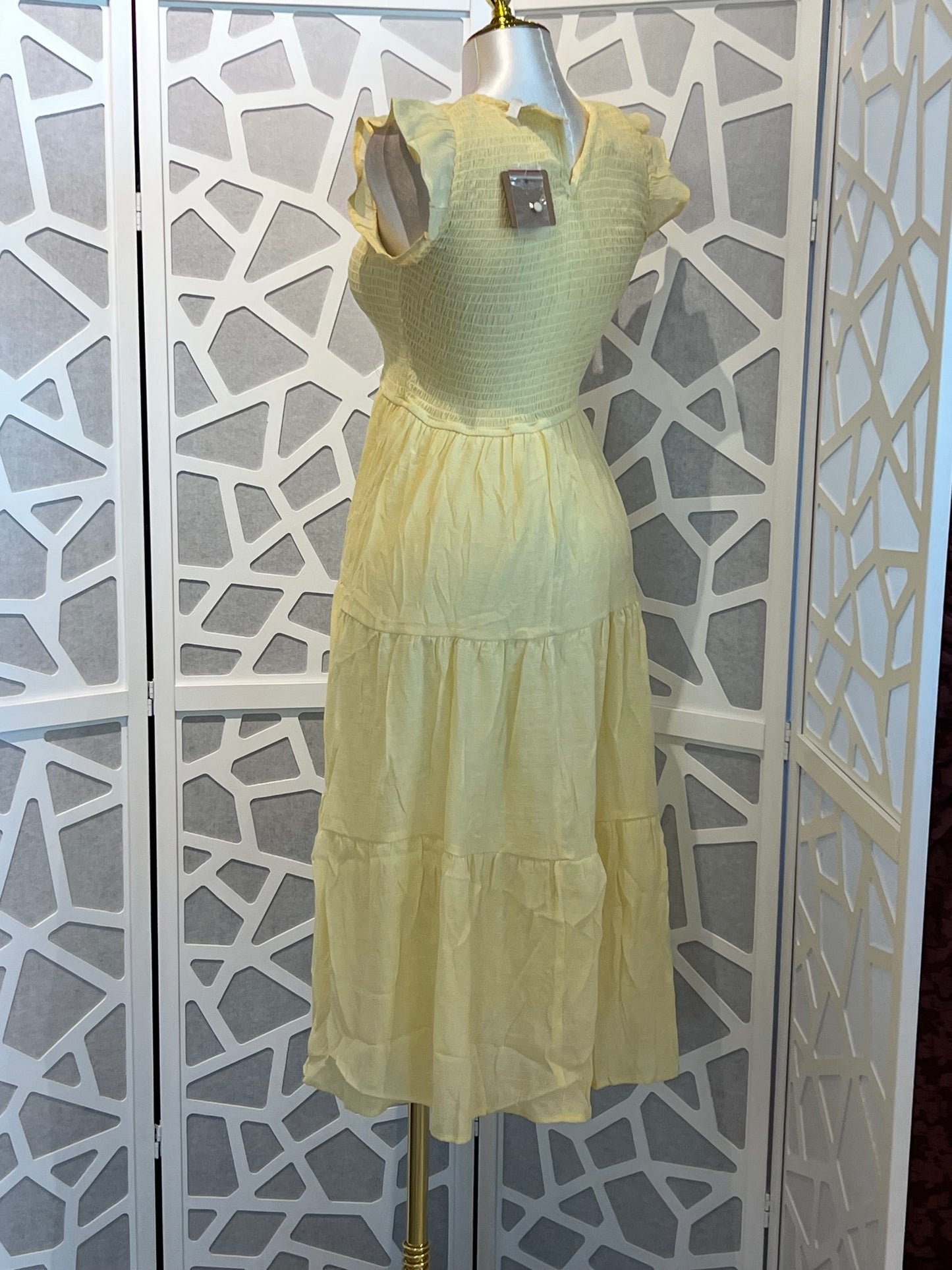 SMOCKED TIERED MIDI DRESS